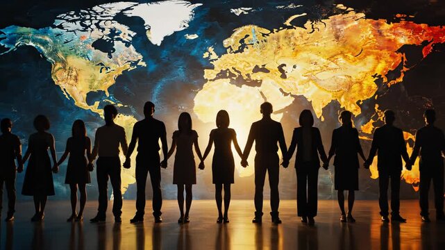 Silhouettes holding hands in front of world map emphasizing environmental sustainability and eco-tourism