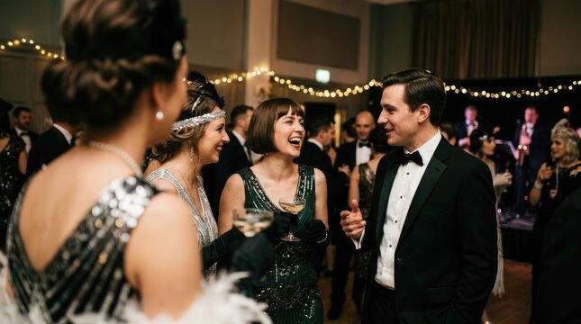1920s Gatsby themed party with people in vintage attire