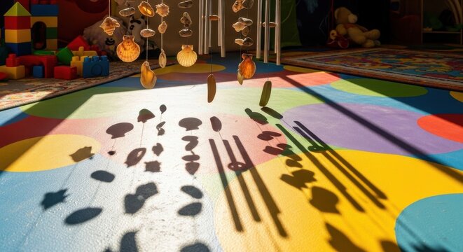 Playful dappled shadow patterns cast by hanging objects on a colorful floor indoors