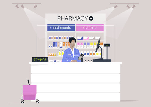 Inside a modern pharmacy, shelves are filled with various supplements and vitamins, arranged neatly to catch the eye, A checkout counter awaits customers in a warm, welcoming space.