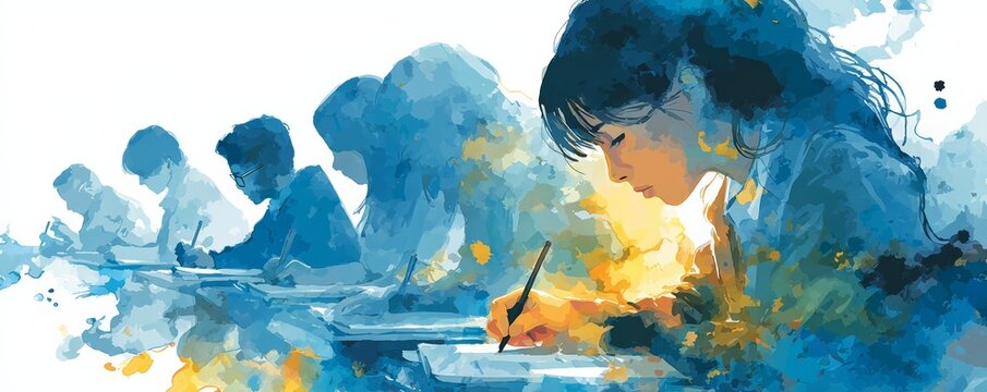 Classroom journalism resources . Watercolor illustration of students writing in classroom, highlighting education, focus, academic learning, exams, and modern study environment.