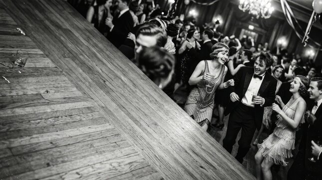 1920s Gatsby-style party with dancing couples and a vintage dress