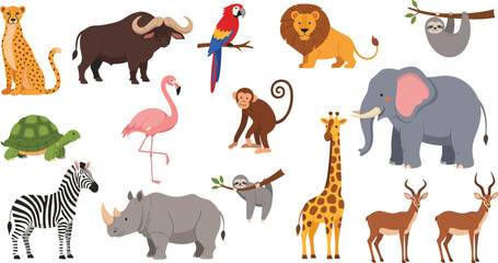 Safari Animal Set with Lion, Elephant, Giraffe, Rhino, Monkey, Parrot, Sloth, Zebra, and More Wildlife Vector Illustration © Ismail