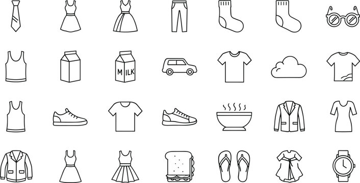 Clothing and lifestyle outline icon set including apparel food accessories transport and everyday items vector collection