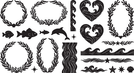 Collection of decorative oceanthemed elements including fish wreaths waves and a dolphin isolated on transparent background © GraphicGrove