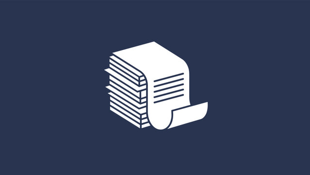 White isometric stack of papers icon with one sheet curling over at top on dark blue background for office and document management.