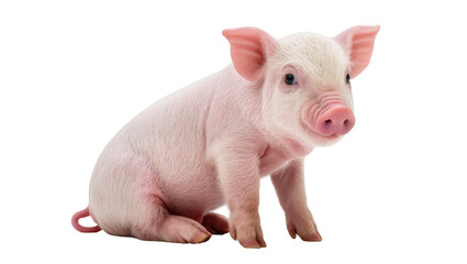 Isolated cute pink baby piglet sitting and looking at camera, adorable farm animal © Saoirse