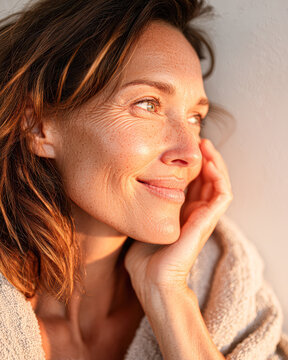 A woman with sun-kissed skin smiles gently, gazing thoughtfully into the distance, bathed in warm, natural light.