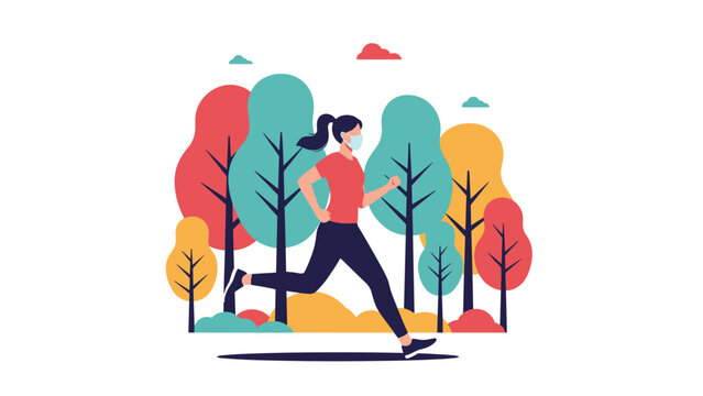 Active woman wearing a protective face mask jogging through a stylized park with colorful trees and clouds, promoting outdoor fitness and health.