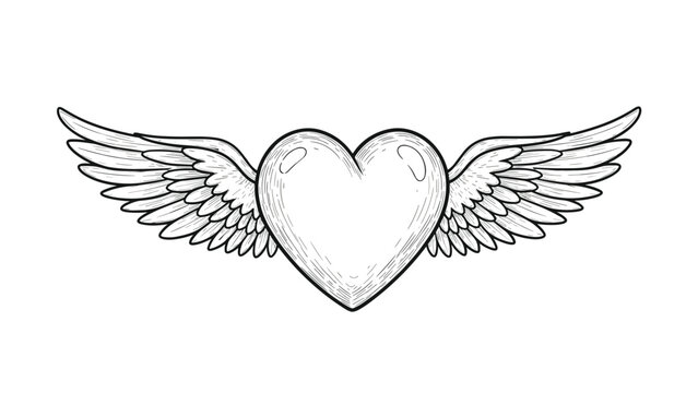 Vintage style hand drawn heart with wings illustration in black and white for tattoo design or romantic theme on white background.