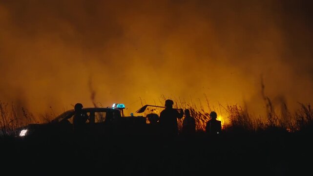 Silhouette of firemen fighting a raging fire with flames at night. Forest or bush fire