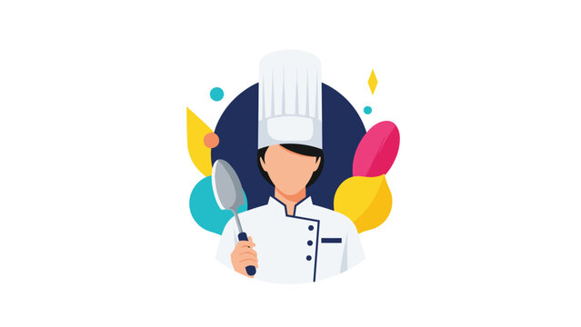 Female professional chef character holding a silver spatula while wearing a white uniform and tall toque hat against a colorful geometric backdrop.