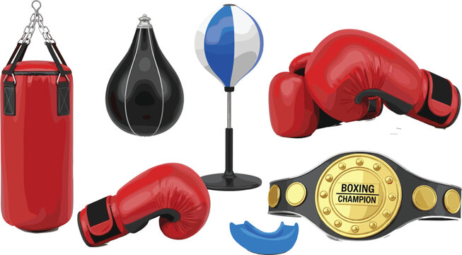 Boxing Equipment Set with Gloves Punching Bag Speed Bag Mouthguard and Champion Belt Sports Training Fight Gear Vector Illustration Collection