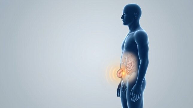 Medical 3D render of a human male body showing glowing abdomen hernia