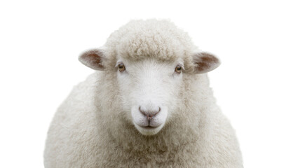 Obraz premium Isolated fluffy white sheep portrait looking directly, domestic farm animal, soft wool.
