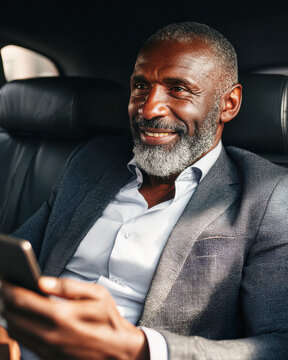 A well-dressed man with a beard smiles while using his smartphone in the backseat of a car.