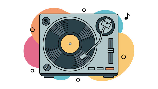 Vintage vinyl record player turntable with colorful circular background shapes and a small musical note, representing music and retro technology.