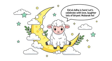 Naklejka premium Cute cartoon sheep sitting on a yellow crescent moon illustration