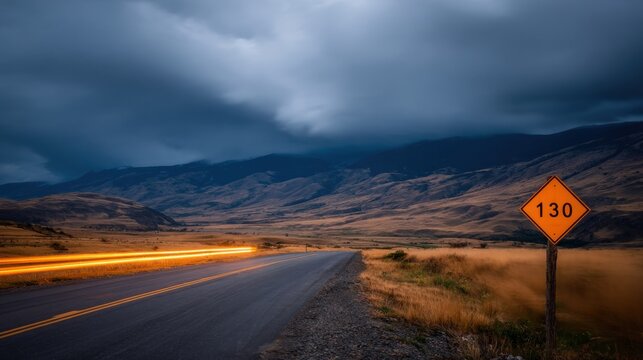 Road with speed limit sign under a stormy sky near mountains