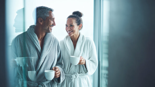 A smiling couple in bathrobes enjoys coffee together by a window, sharing a relaxed and intimate morning moment.