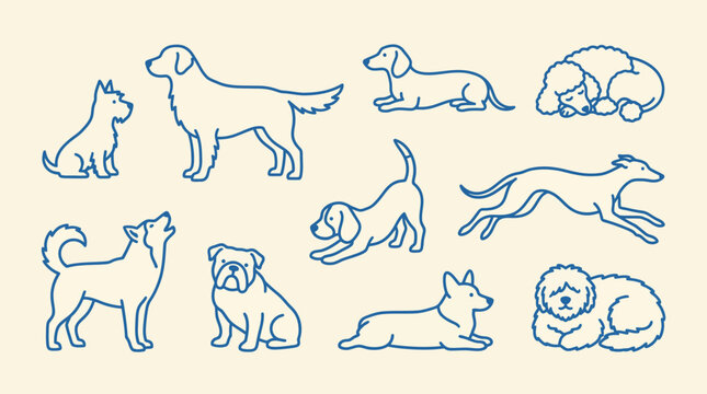 Blue line art collection of dogs in various poses featuring outline sketches of multiple breeds.