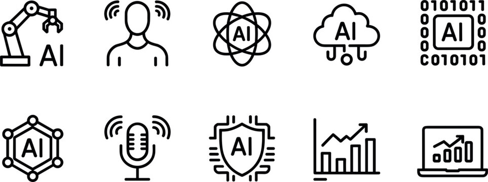 Comprehensive artificial intelligence and data science vector icon set featuring robotic arm machine learning cloud computing neural networks voice recognition and financial growth analytics.
