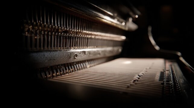 Intricate inner mechanics of a classic upright piano with dramatic lighting.