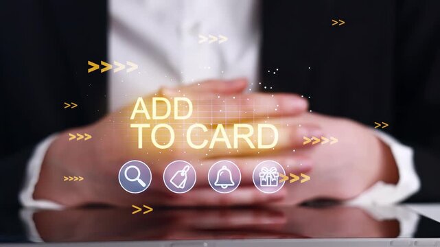Hands in front of a tablet screen with digital icons showing options to add to card during online shopping experience.