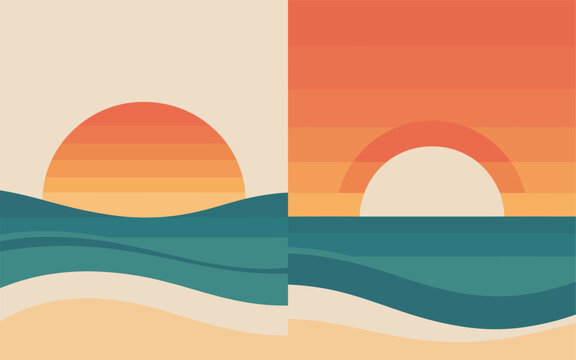 Minimalist posters with tropical sunset set over the sea in split canvas style. Warm summer dreamy ocean in soft flowing design for interior decor. Vector graphic illustration art