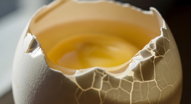 Close-up of cracked eggshell with yolk oozing out slowly on surface