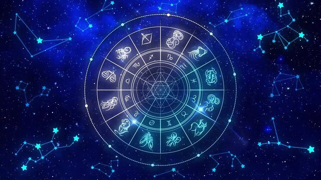 Glowing Blue Astrology Zodiac Wheel with Twinkling Constellations in Cosmic Space