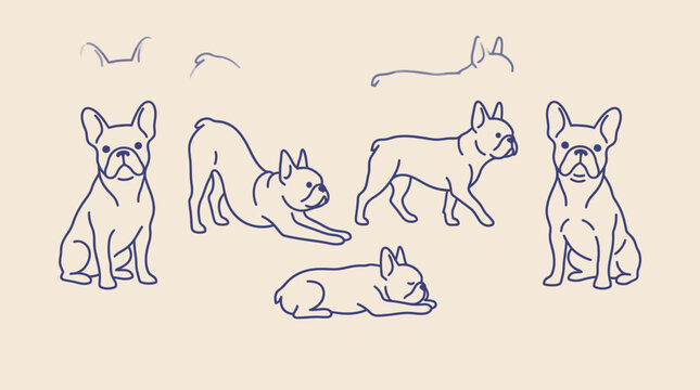 Hand-drawn blue line art of multiple dogs in playful poses, minimalist canine illustration collection