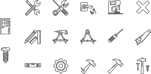 Fototapeta premium Construction and Tools Outline Icon Set Featuring Wrenches, Screwdrivers, Saw, Gear, Compass, and More in Minimal Line Art Style