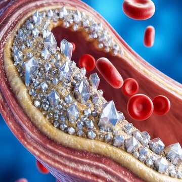 A detailed cross section of a blood vessel reveals a dangerous buildup of sharp crystalline deposits along the arterial walls, creating a medical visualization of complex cardiovascular disease.