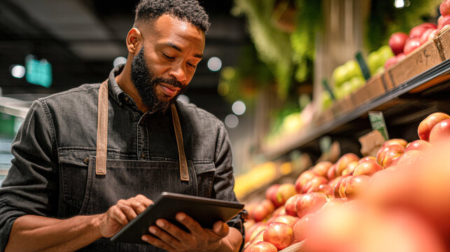 A grocery store worker checks inventory on a tablet while standing beside fresh fruit displays.