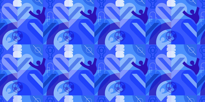2026 abstract soccer competition seamless blue pattern background Summer geometric icons sports game symbols football kids camp event volunteers cover book design 26 web site banner vector sign