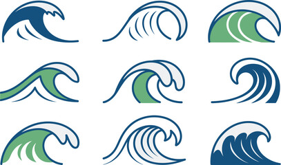 Fototapeta premium Ocean sea water waves line art icon set, Colorful wave lines elements