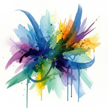 Watercolor splash with radiant rainbow colors and ink drips