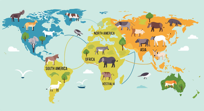 A colorful map showing animals on each continent