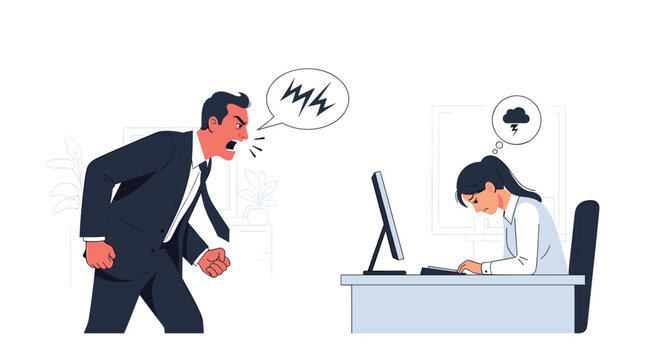 An angry male executive aggressively yells at a distraught female employee sitting at her desk while a dark storm cloud icon floats above her head in office.