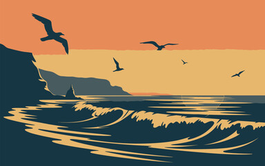 Naklejka premium Ocean coast, sunset and seagulls. Retro marine vector landscape. Vector illustration