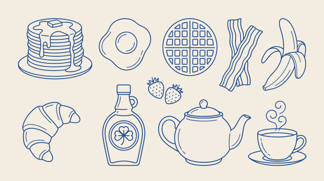 Blue line art illustration of kitchen and breakfast icons: plates, donut, basketball, croissant, bottle, teapot and teacup