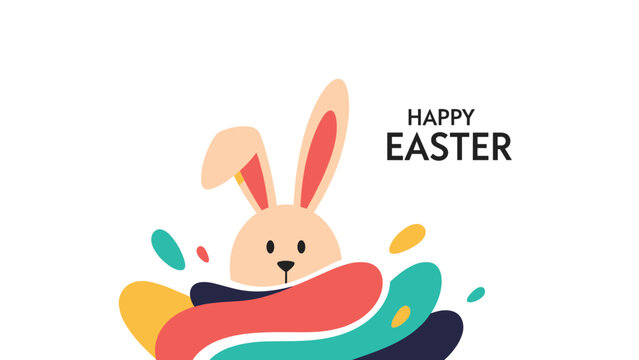 Happy easter bunny character peeping out from colorful abstract shapes with festive holiday text on white background.