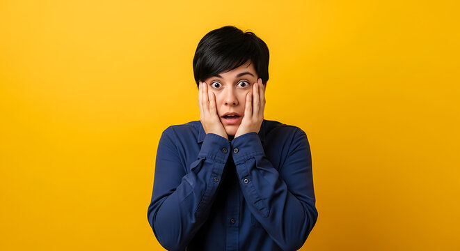 A shocked young woman gasps with hands covering her face.