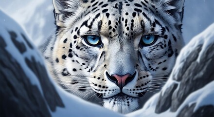 Obraz premium Close-up of a snow leopard with striking blue eyes