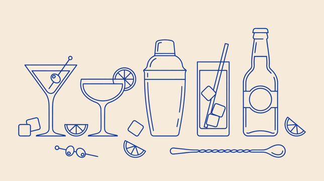 Illustrated barware scene featuring a cocktail shaker, glassware, bottles, ice, citrus garnishes, olives on picks, and a stirring spoon