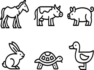 Fototapeta premium Minimalist black and white farm and domestic animal vector icon set featuring a horse cow pig rabbit turtle and duck in clean outline style.