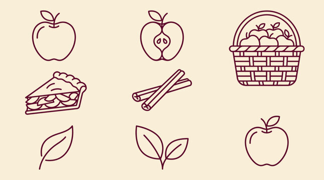 Minimalist line-art illustration of apples: basket of apples, apple slices, leaves, and a pie slice in a rustic, hand-drawn style