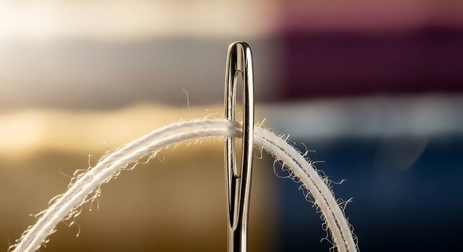 Close-up view of a sewing needle threading process with yarn indoors