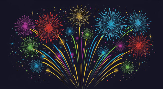 Colorful firework explosions, vibrant pyrotechnics, festive celebration elements, vector fireworks